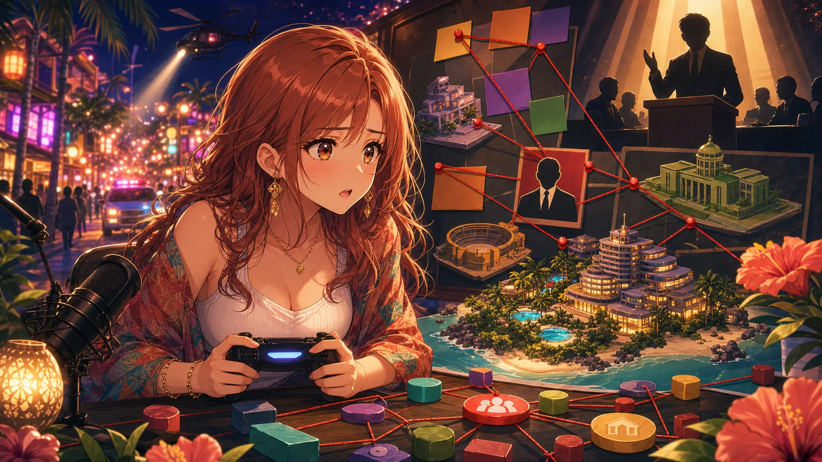 夜の街でトマ救出とリゾート計画の資料を見比べるオリジナル女性キャラクターのイメージ
