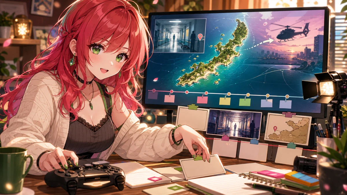 配信机でゲームパッドと時系列カード、確認元の資料を整理する赤髪の女性キャラクターのイメージ