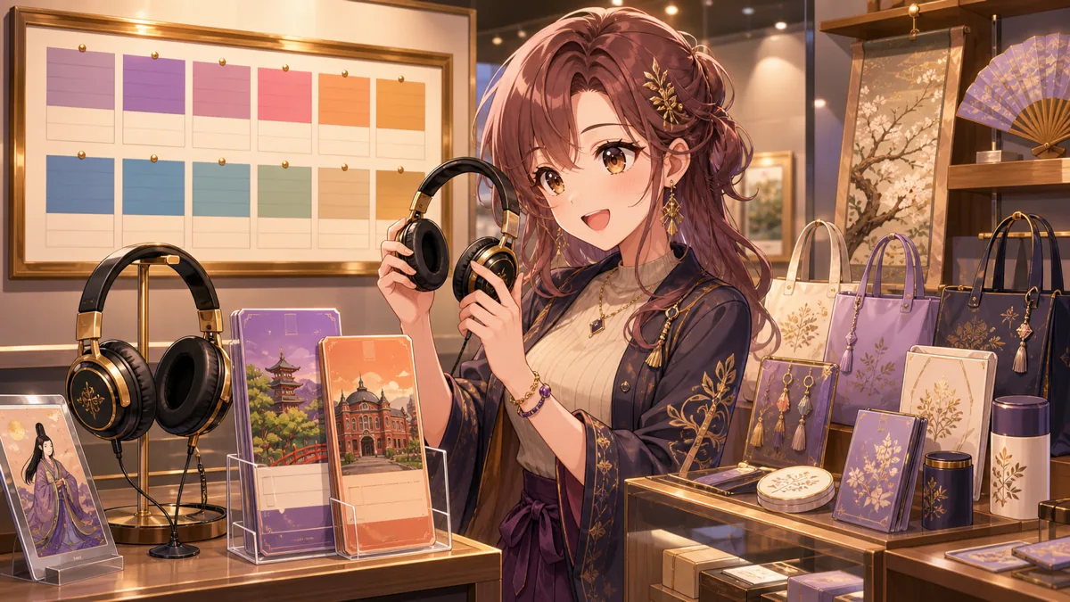 音声ガイド用ヘッドホンと会場限定グッズを前に、内容を確認するオリジナル女性キャラクターのイメージ