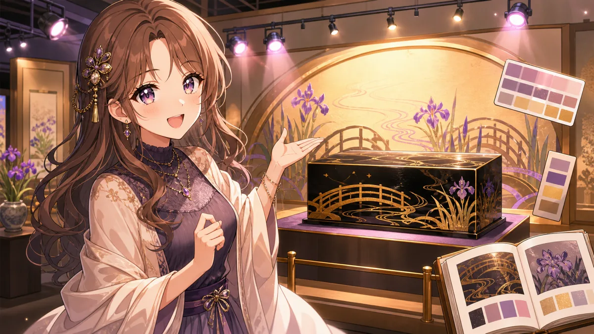 美術品の模型と展示室の光を前に解説するオリジナル女性キャラクター