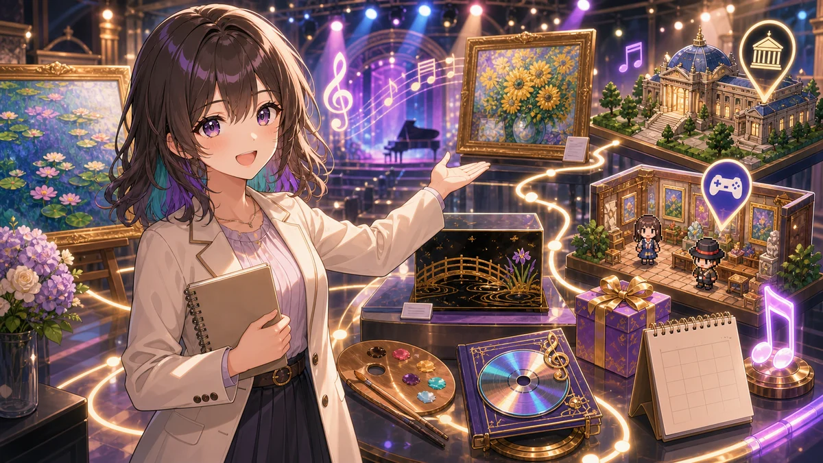 展示室の導線と音楽やゲームの小物を案内するオリジナル女性キャラクター
