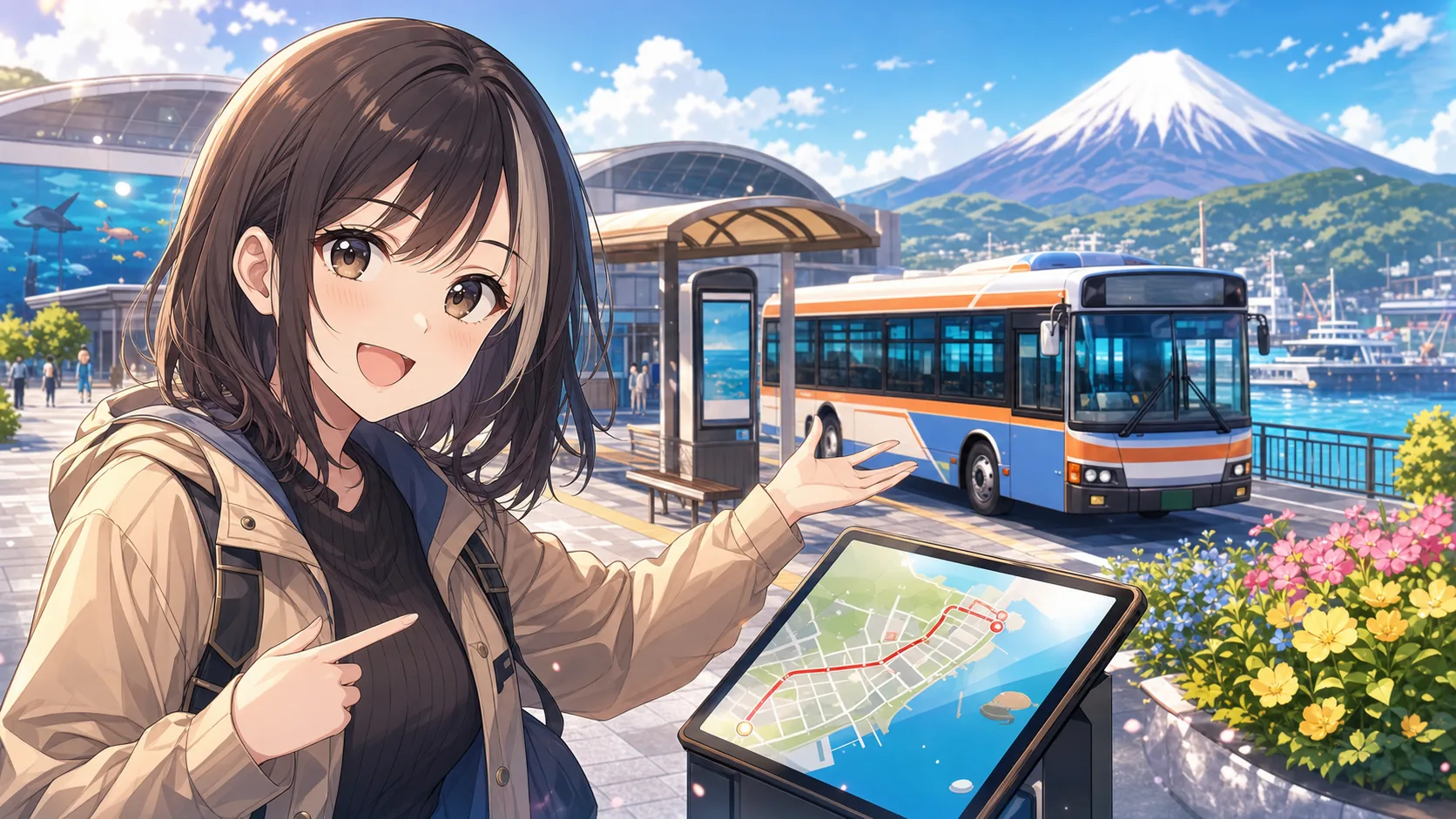 沼津駅と富士山を背景にバス観光を案内するオリジナル女性キャラクター