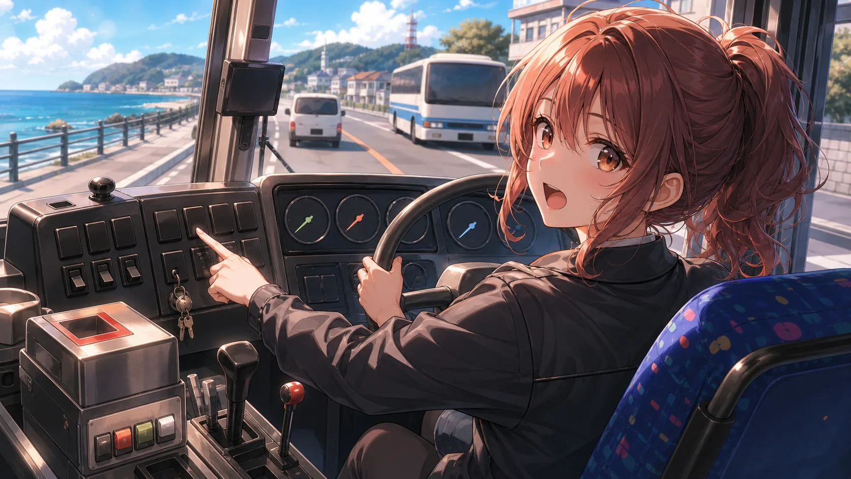 バス運転席で計器とレバーを確認するオリジナル女性キャラクター