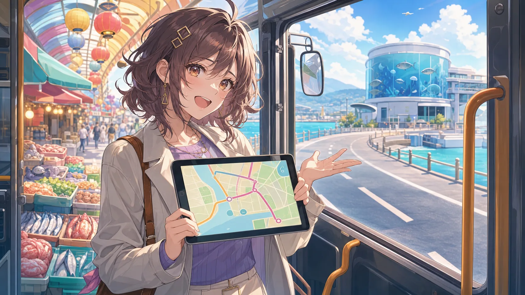 港町へ向かうバス車内で案内板とルートを見比べるオリジナル女性キャラクター