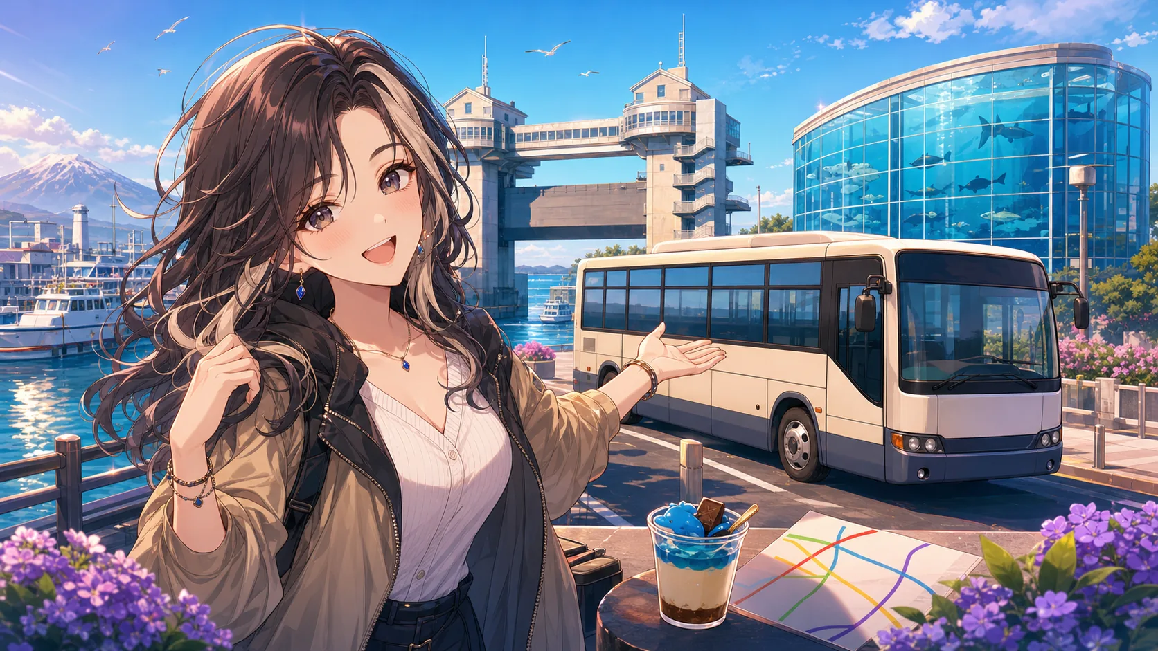 沼津港の水族館と水門を眺めながらバス旅を締めるオリジナル女性キャラクター