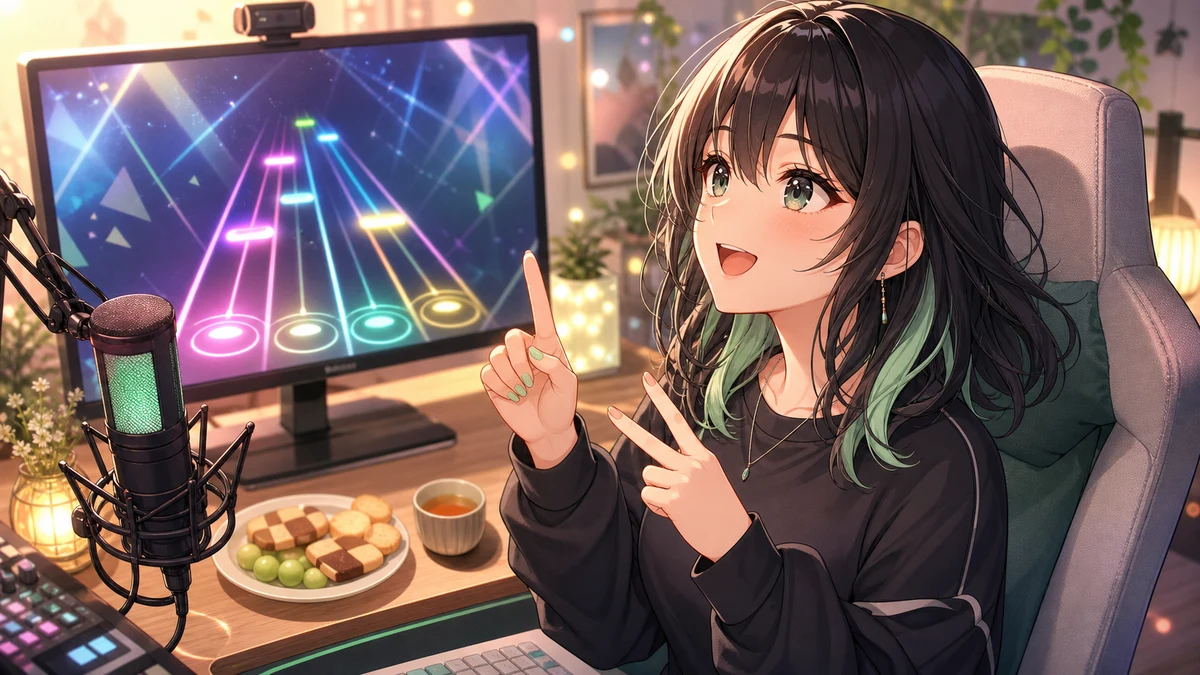 明るい配信部屋でリズムゲームの抽象画面を前に、淡い髪の人物が拍を数えながら机の軽食から視線を上げるイメージ
