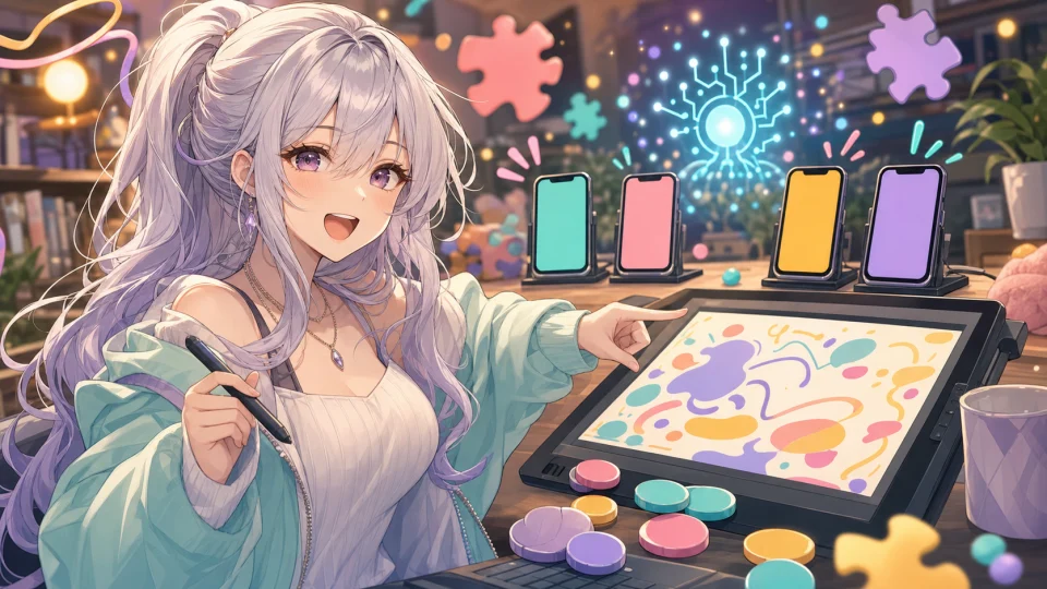 スマートフォンと抽象的なAI表示を背景に、描画タブレットへ指を向ける人物のイメージ
