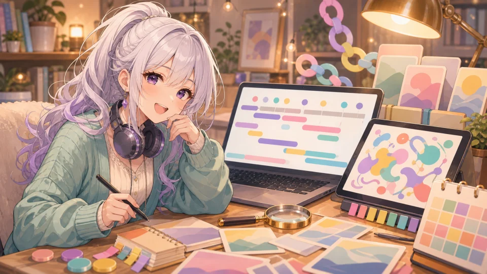 色付きタイムラインと資料カードを机上で確認する人物のイメージ