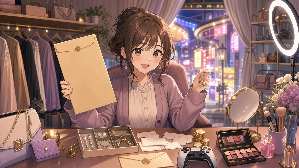 一億円のテストと夜の街の支度を見守るオリジナル女性キャラクターのイメージ