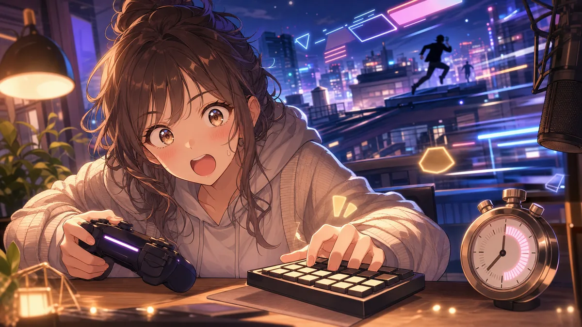 屋上チェイスと配信操作の緊張を明るく描くオリジナル女性キャラクターのイメージ