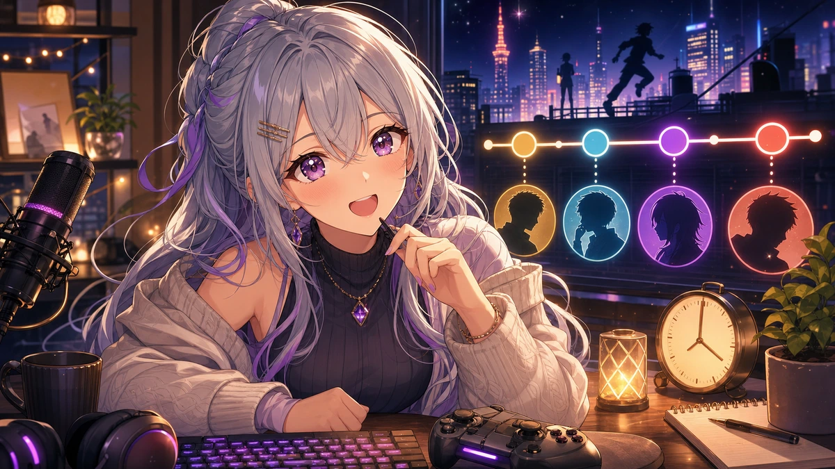 銀髪の女性キャラクターが配信机で時計、コントローラー、都市のルート図を見比べるイメージ