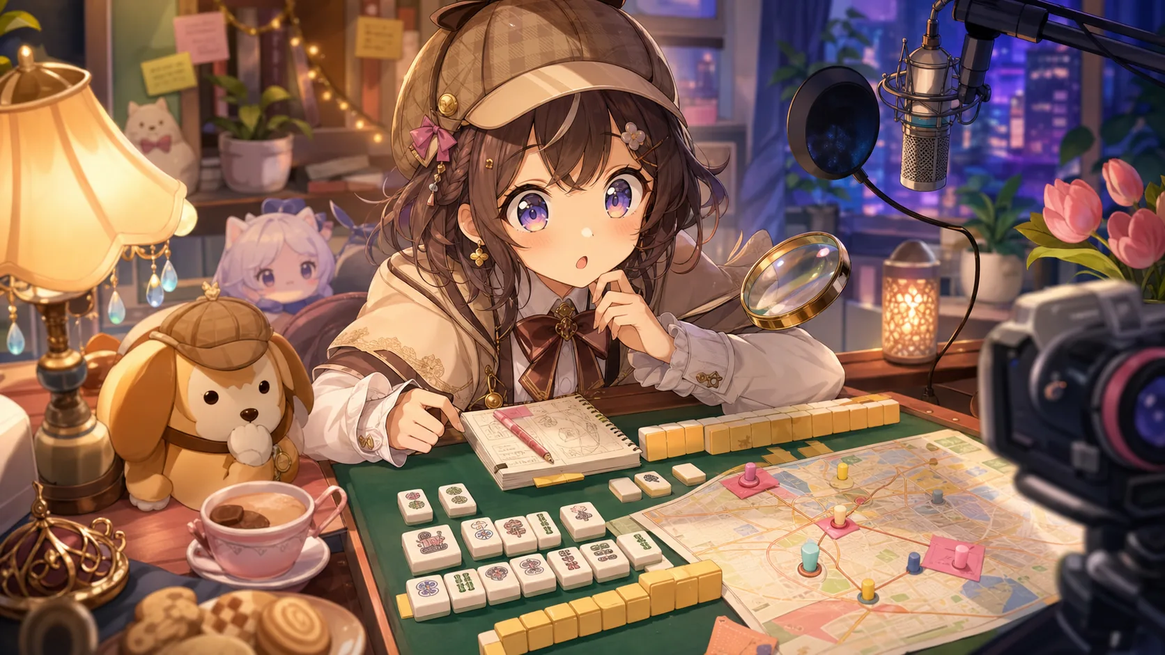 麻雀卓と聞き込みメモを前に軽く驚くオリジナルキャラクターのイメージ