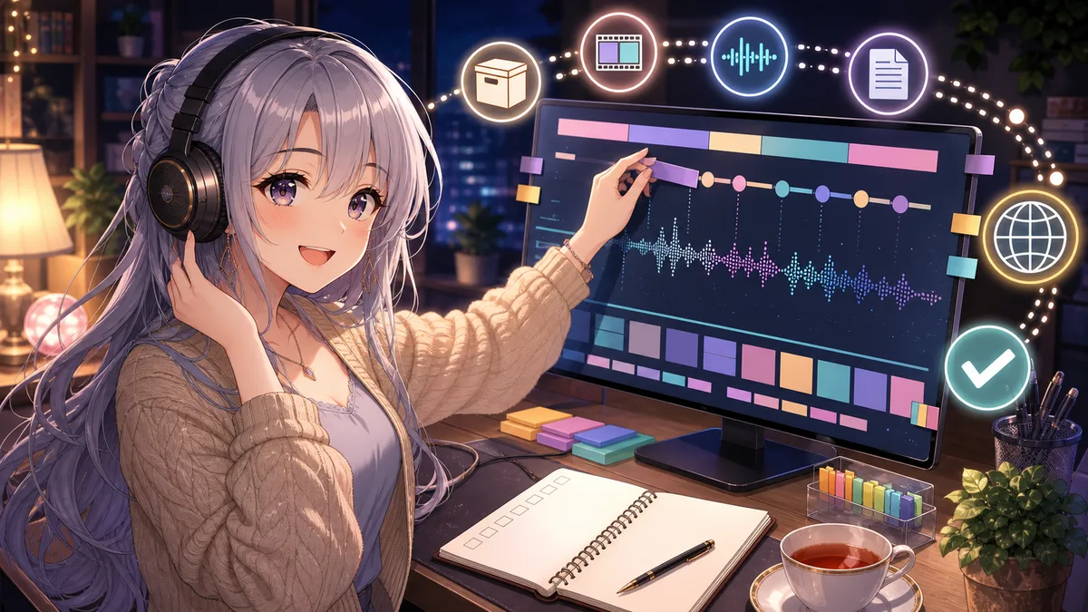 モニターの抽象タイムラインとメモを確認するイメージ
