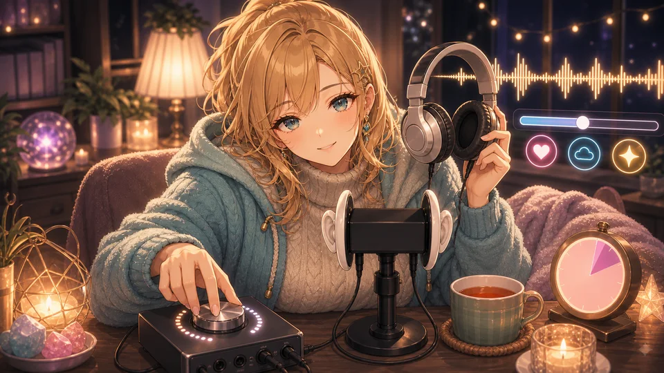 耳型マイクと音量つまみの前で穏やかに話す女性キャラクターのイメージ