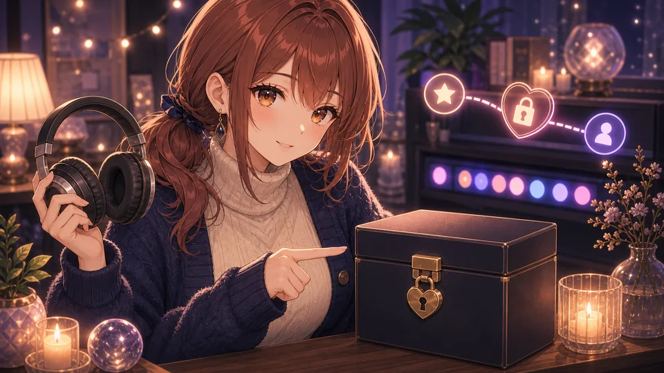 鍵付きのアーカイブ箱とヘッドホンを置いた静かな部屋で動画を確認する女性キャラクターのイメージ
