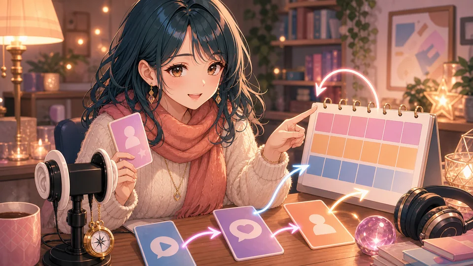 カレンダーとカードを並べて公式導線と次の予定を整理する女性キャラクターのイメージ