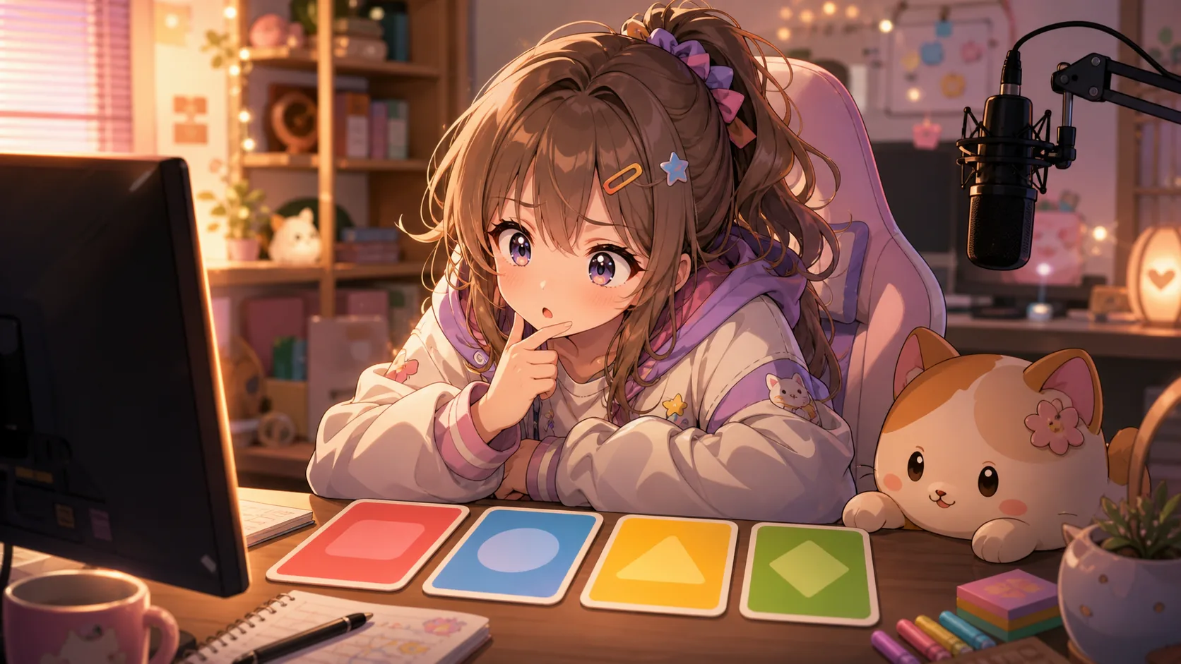 明るい配信机で4択クイズのカードとメモを前に考え込むオリジナルキャラクターのイメージ