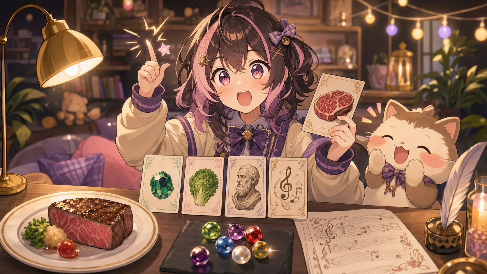 あたたかい照明のテーブルで肉の見分けカード、宝石風の小物、楽譜を見比べるオリジナルキャラクターのイメージ