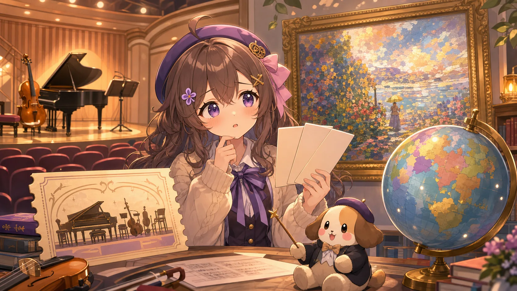 小さなコンサートホール風の部屋で絵画カードとチケットを前に首をかしげるオリジナルキャラクターのイメージ