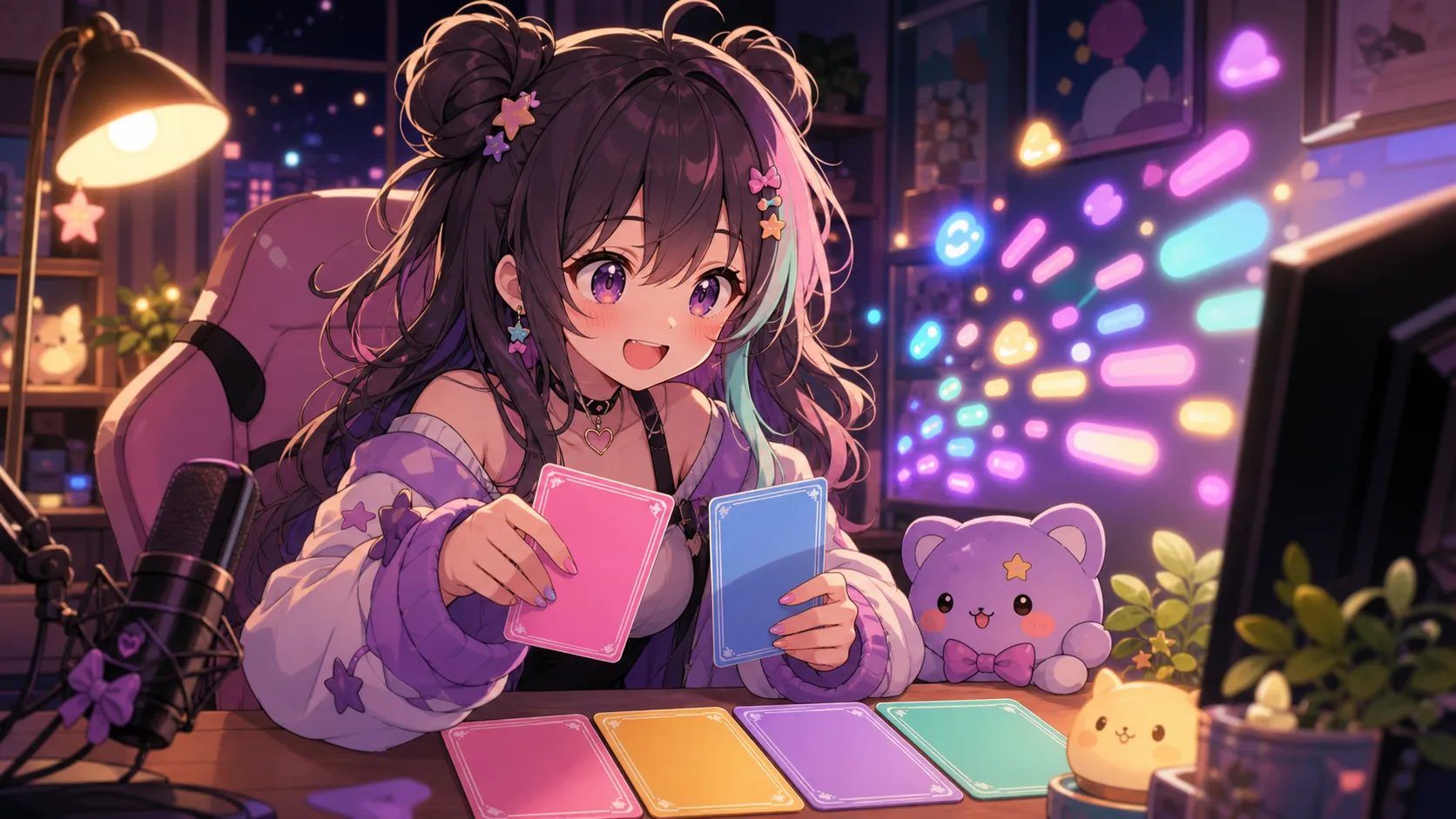 夜の配信部屋でコメントの光を眺めながらクイズカードを選ぶオリジナルキャラクターと小さなマスコットのイメージ