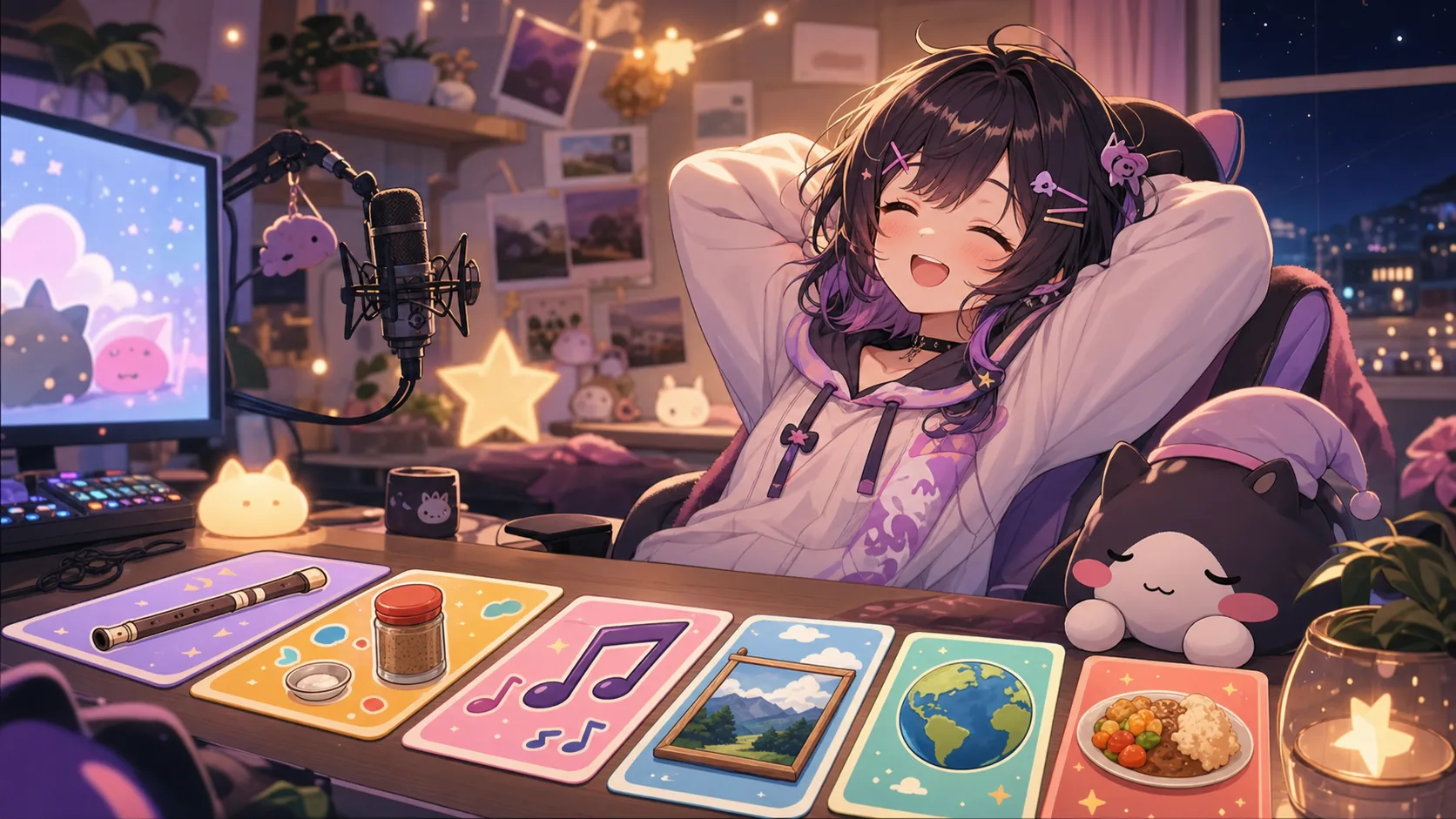 配信後の机にクイズカード、調味料メモ、絵画カードを並べてほっとするオリジナルキャラクターのイメージ