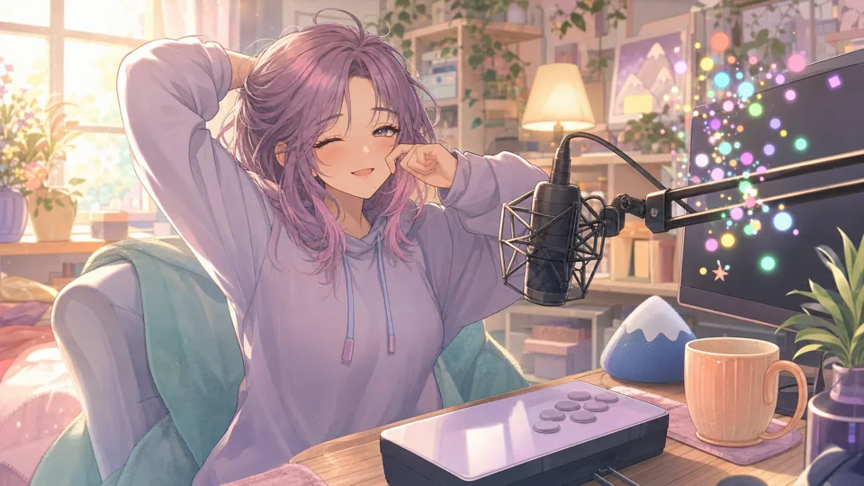 朝の配信部屋で寝起きの雑談を始めるオリジナル女性キャラクター