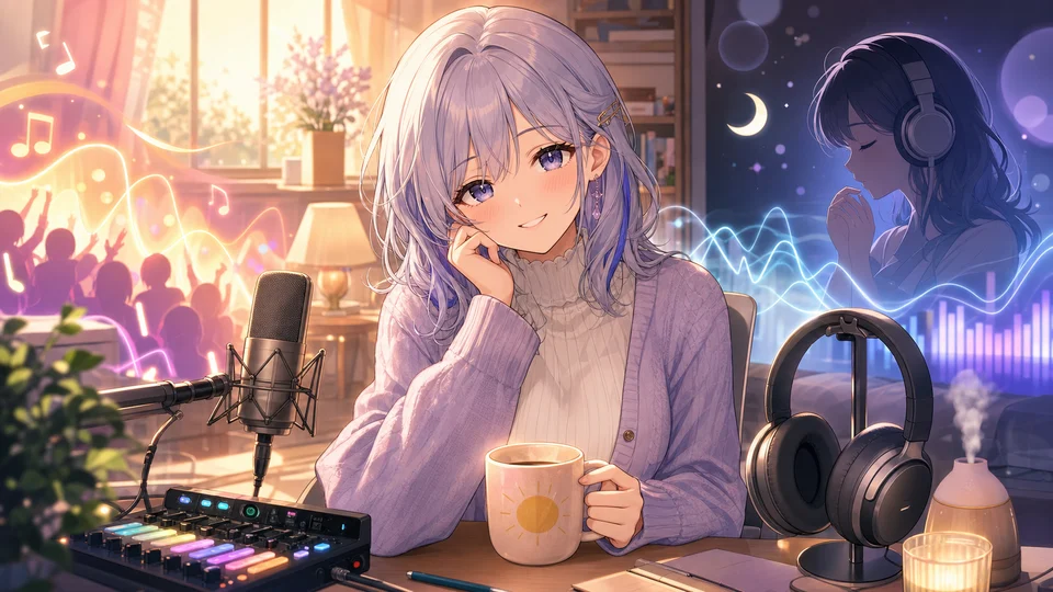 マイクとヘッドホンのある配信部屋で雑談配信とクイズ配信の違いを示すオリジナル女性キャラクター