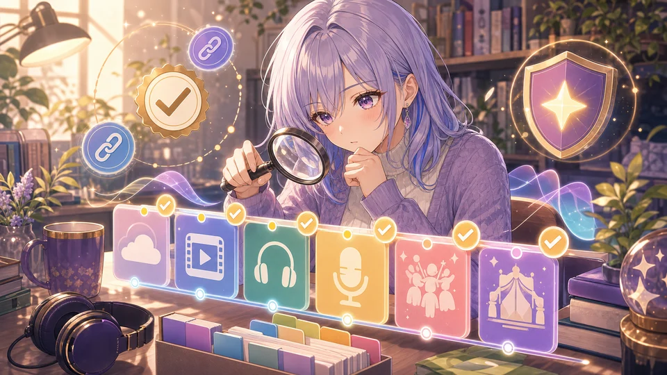 色分けされたタイムラインやリンクの記号を確認するオリジナル女性キャラクター