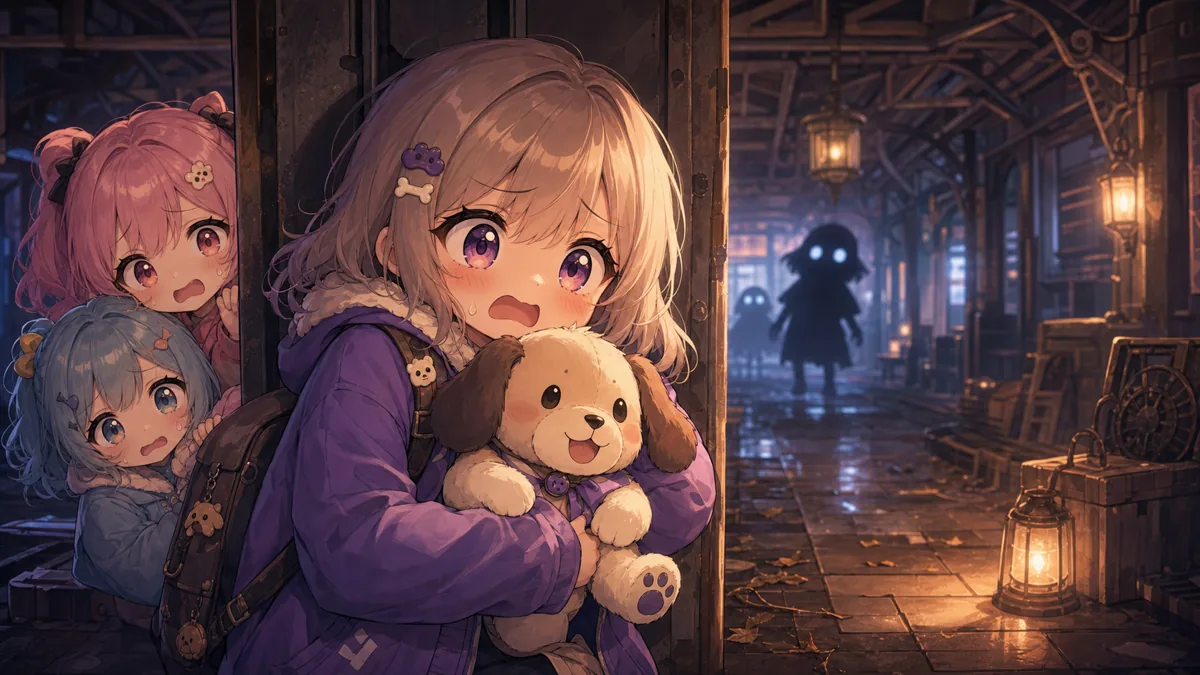 暗い施設で小さな人形を抱えて進む初見プレイのイメージ