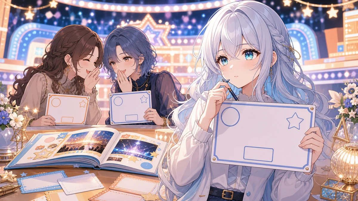 明るい配信スタジオでクイズボードと周年アルバムを囲む三人のオリジナルキャラクターのイメージ