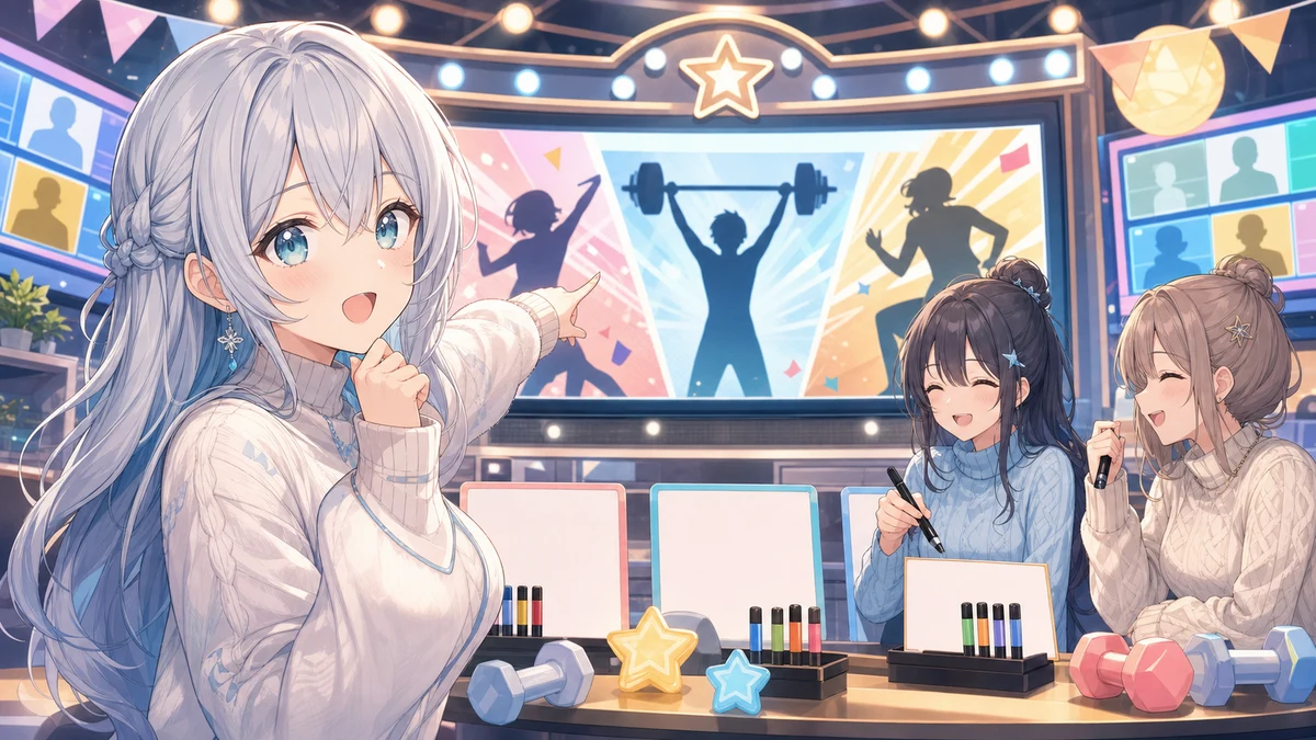 筋肉対決のVTRを見ながらスケッチブックに答えを書く配信部屋のオリジナルイラスト