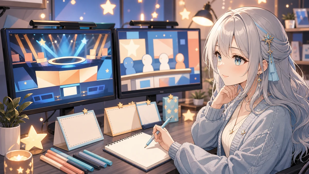 メイン配信とサイド配信の画面を並べ、クイズの流れをメモする配信部屋のオリジナルイラスト