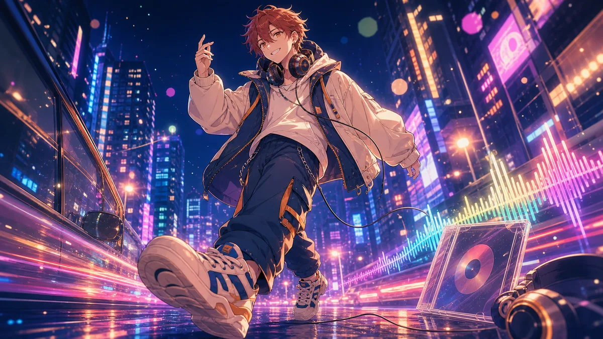 夜景と低音のリズムをヘッドホンで聴く男性キャラクターのイメージ
