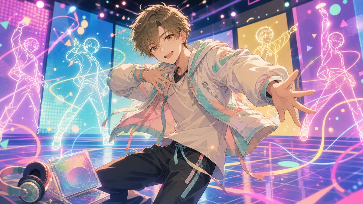 線画風のダンスとリズムをかわいく整理する男性キャラクターのイメージ