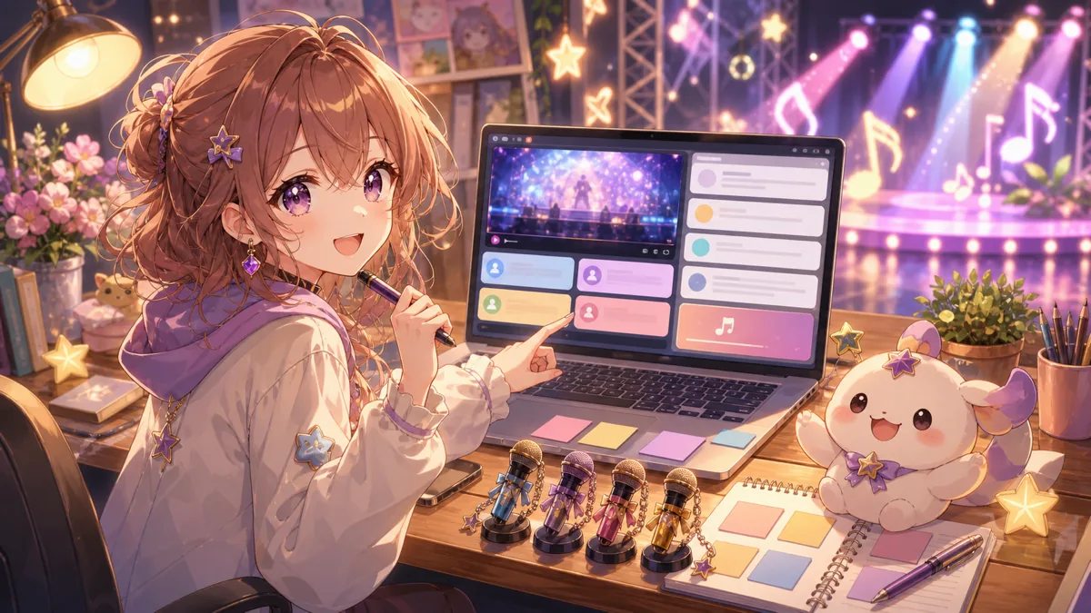 4人名義のMVページと配信リンクを整理するかわいいオリジナルキャラクターのイメージ