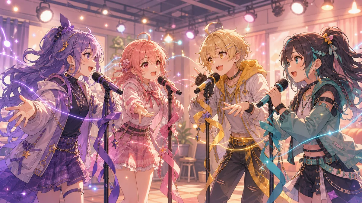 4本のマイクと明るい合いの手を楽しむかわいいオリジナルキャラクターたちのイメージ
