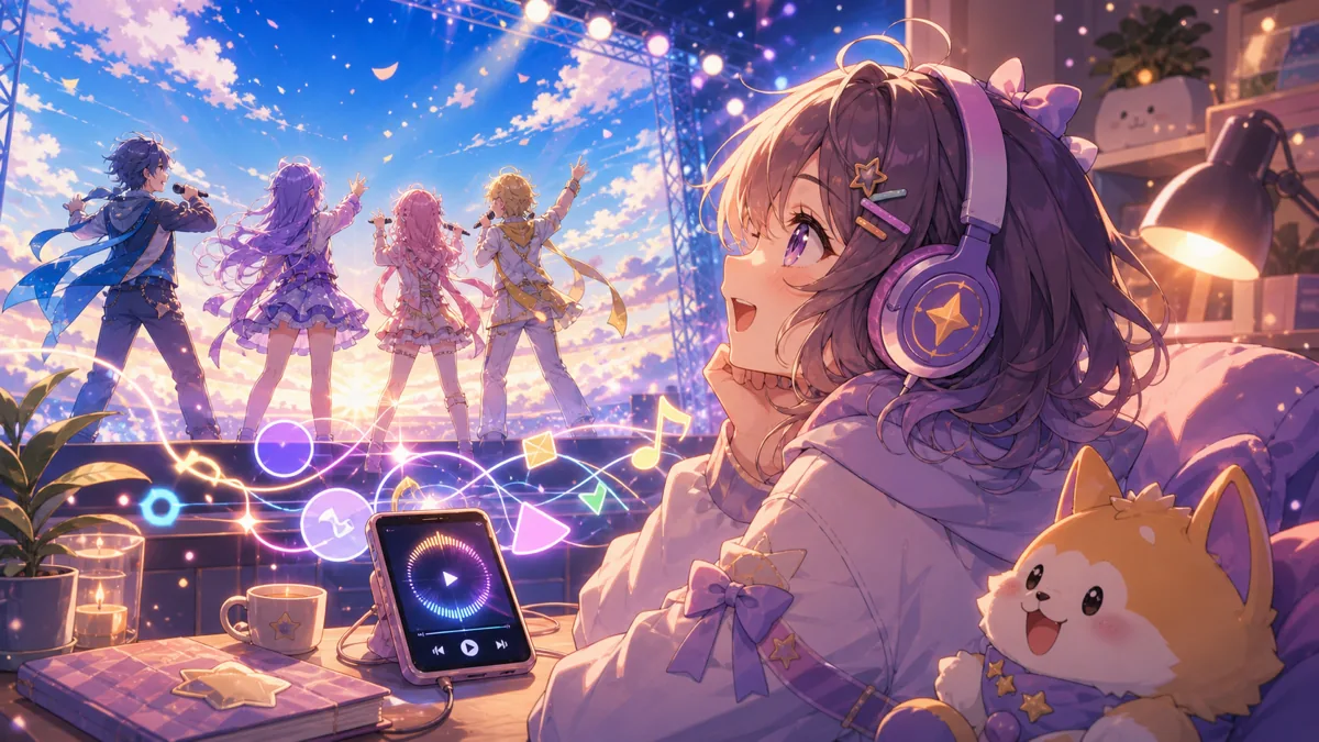 青空のステージと音楽配信リンクの余韻を味わうかわいいオリジナルキャラクターのイメージ