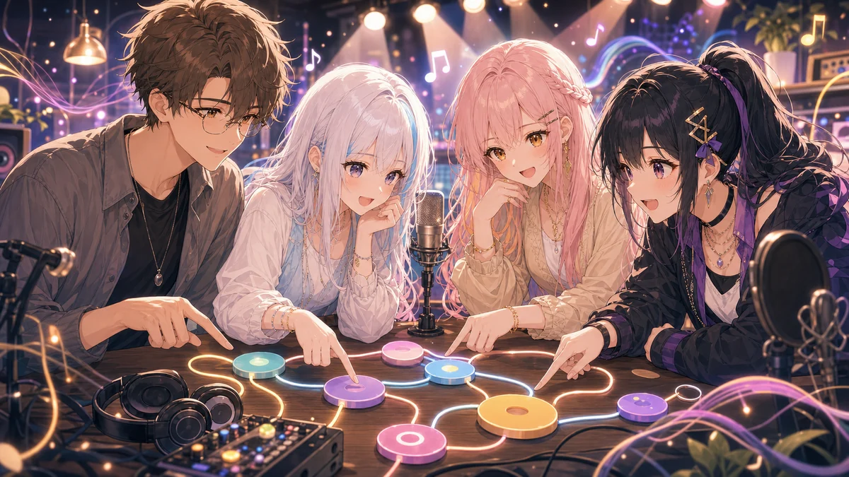 MVの余韻と公式リンクを整理する4人のオリジナルキャラクターのイメージ