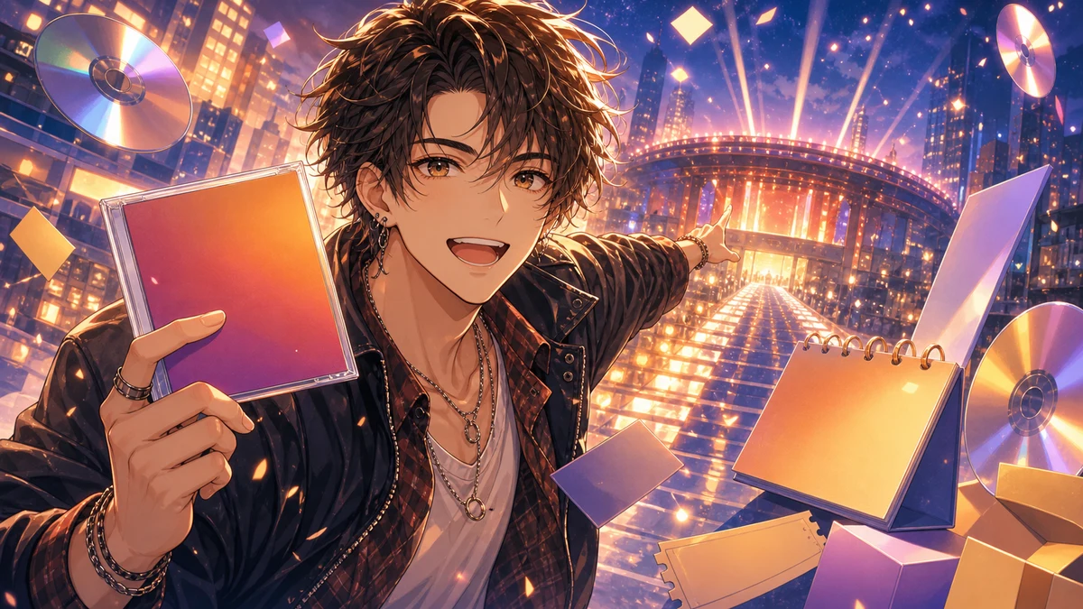 アルバムとライブ会場の予定を確認するオリジナル男性キャラクターのイメージ
