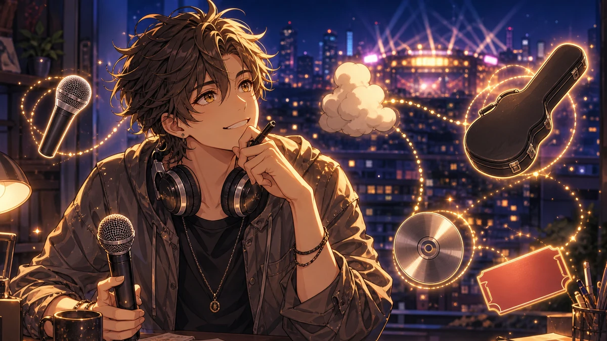 街とライブ会場への道を見ながら動画を見返すオリジナル男性キャラクターのイメージ