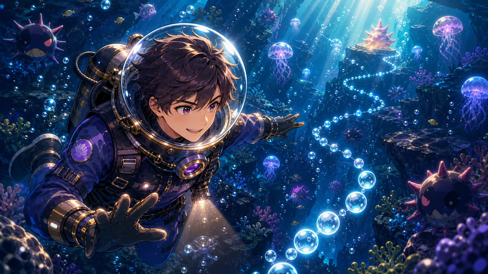 深海へ伸びるルートと障害物をイメージしたオリジナルイラスト