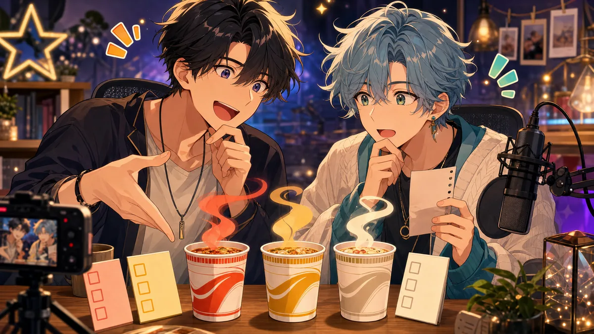 配信机で3種類のカップ麺と応募メモを見比べるオリジナル男性キャラクターたちのイメージ