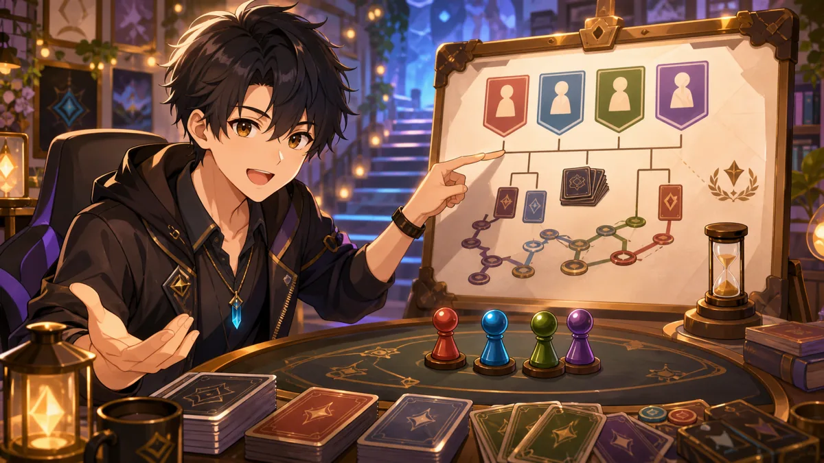 2時間制のカード大会でルール説明とチーム分けを確認するオリジナル男性キャラクターのイメージ