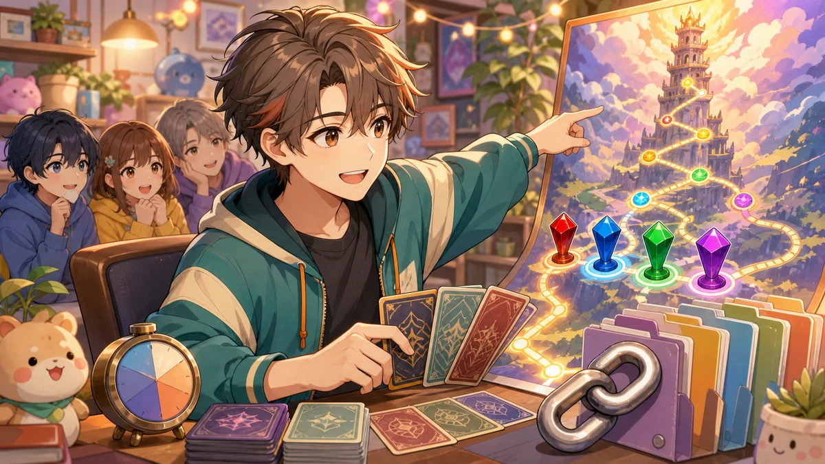 カードの塔と配信メモを前に相談の流れを整理するオリジナル男性キャラクターのイラスト
