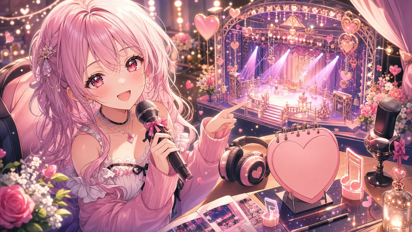 明るい音楽レビュー机と小さな3Dライブステージを前にマイクを持つオリジナル女性キャラクターのイメージ