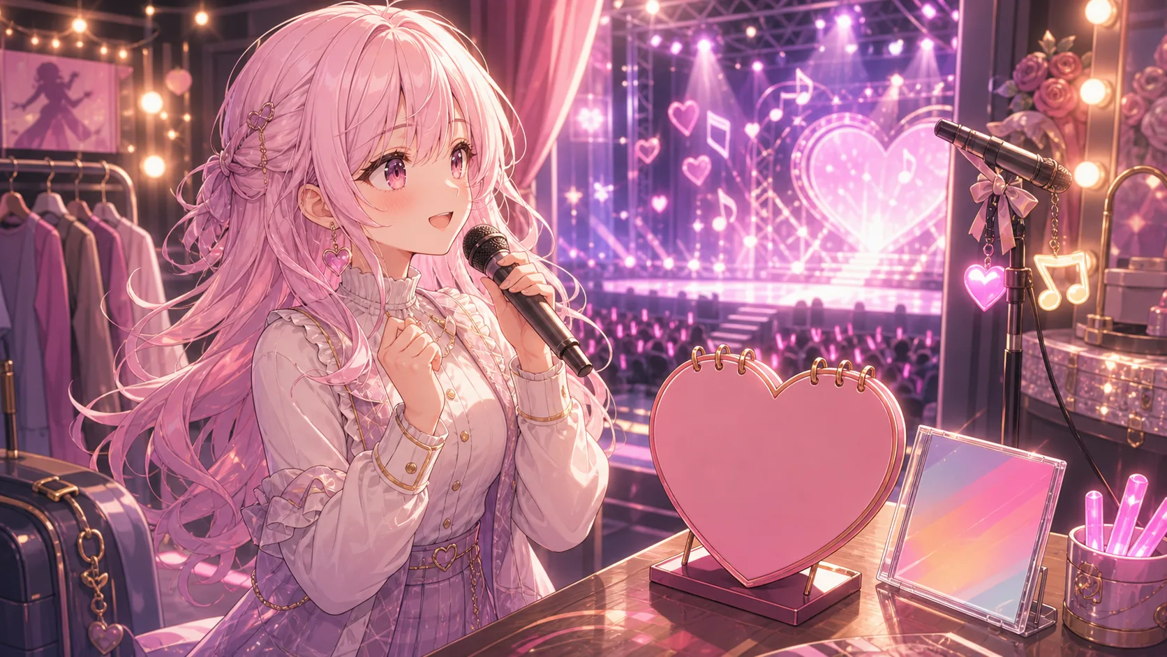 7周年ライブ準備の明るいバックステージでマイクを持つオリジナル女性キャラクターのイメージ