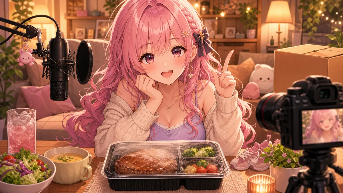 明るい配信部屋で食卓と宅配弁当を前に話すオリジナル女性キャラクターのイメージ
