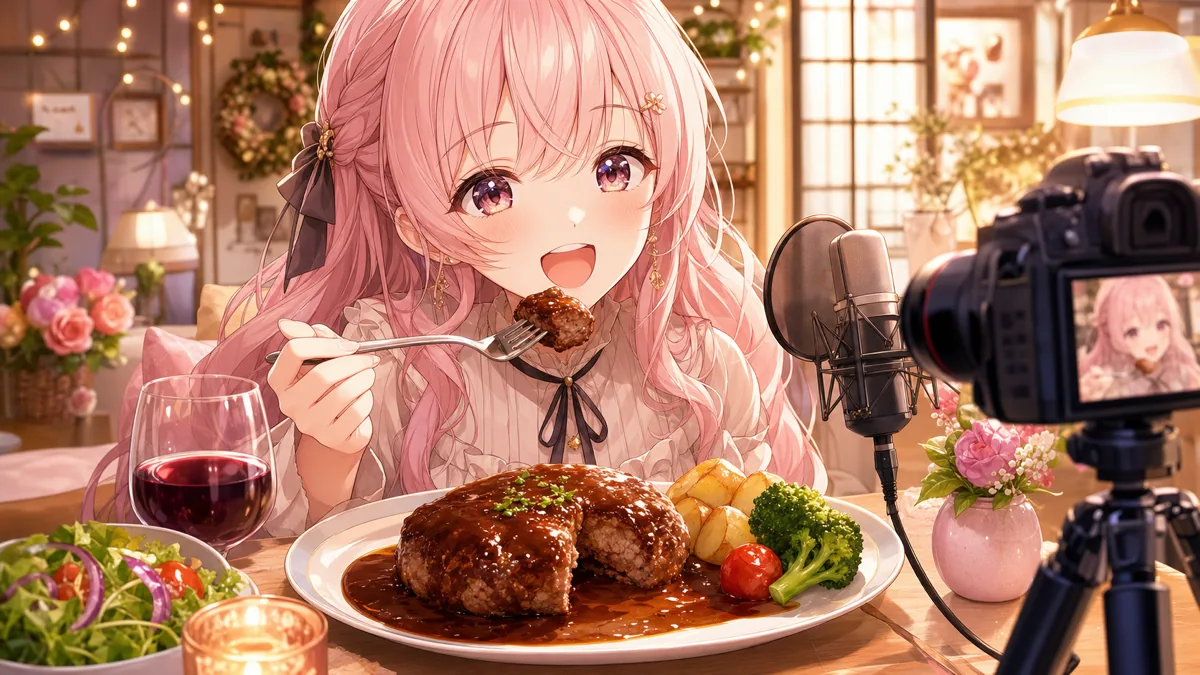 ワインソース風のハンバーグ弁当を食卓で楽しむオリジナル女性キャラクターのイメージ