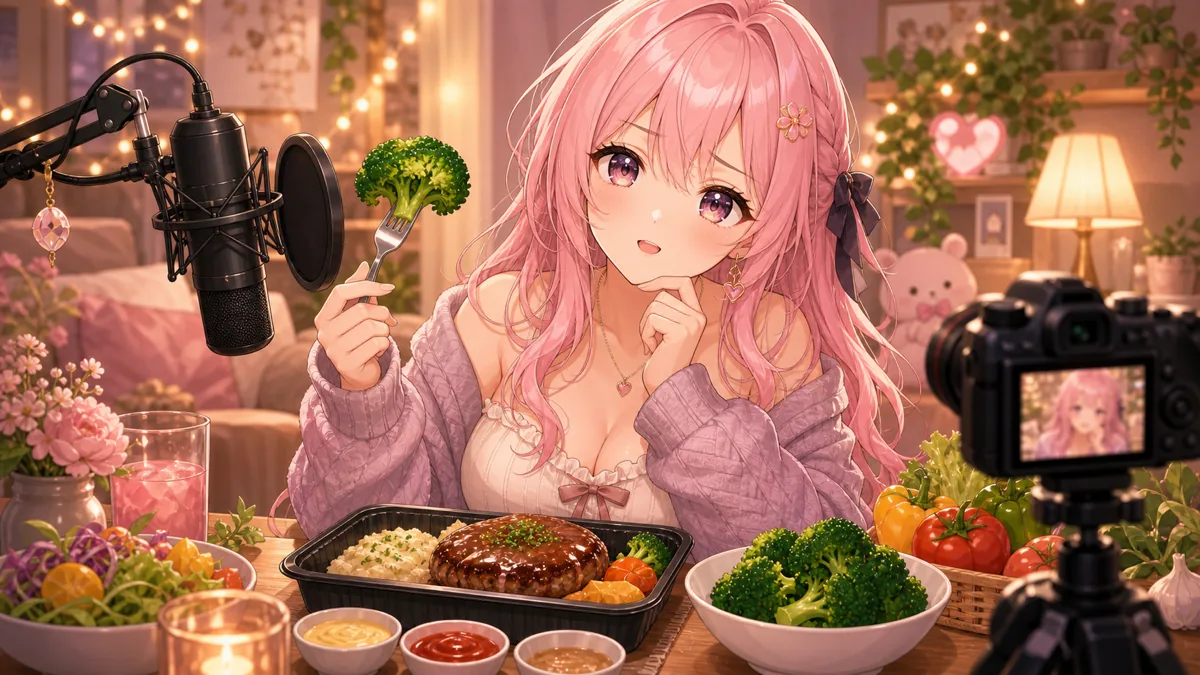 小さな野菜皿と冷凍弁当を囲みコメント欄を見ながら考えるオリジナル女性キャラクターのイメージ