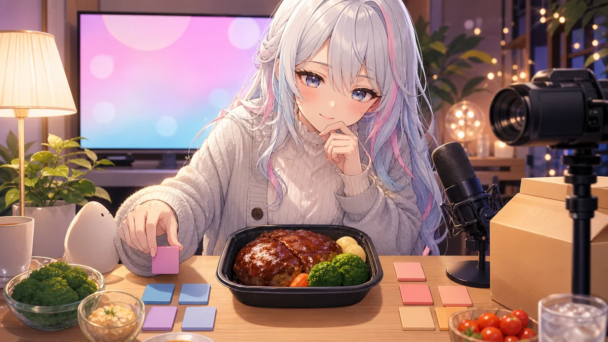 冷凍弁当の注文メモと確認資料を並べて食事管理を考えるオリジナル女性キャラクターのイメージ